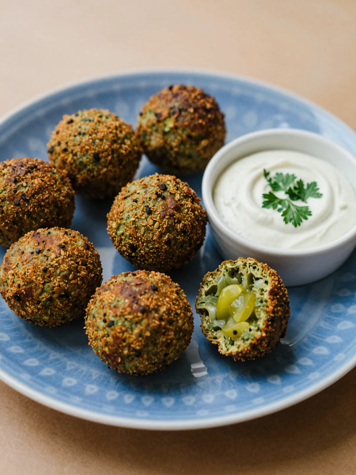 Falafel broken open with tahini