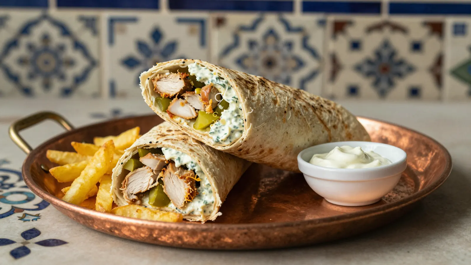 A chicken shawarma wrap cut in half, with garlic sauce and pickles