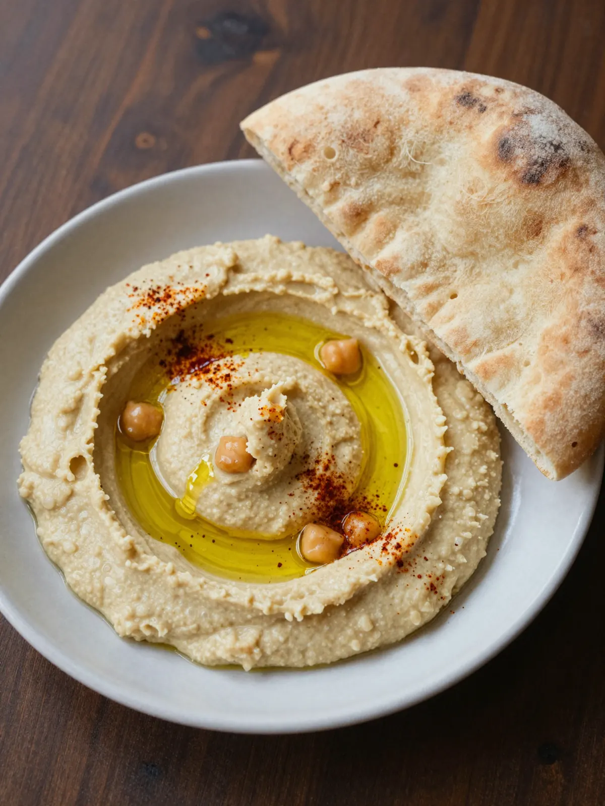 Hummus with olive oil, paprika and warm bread