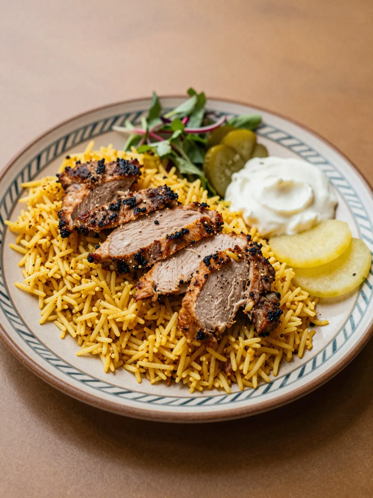 A shawarma rice plate with pickles and garlic sauce