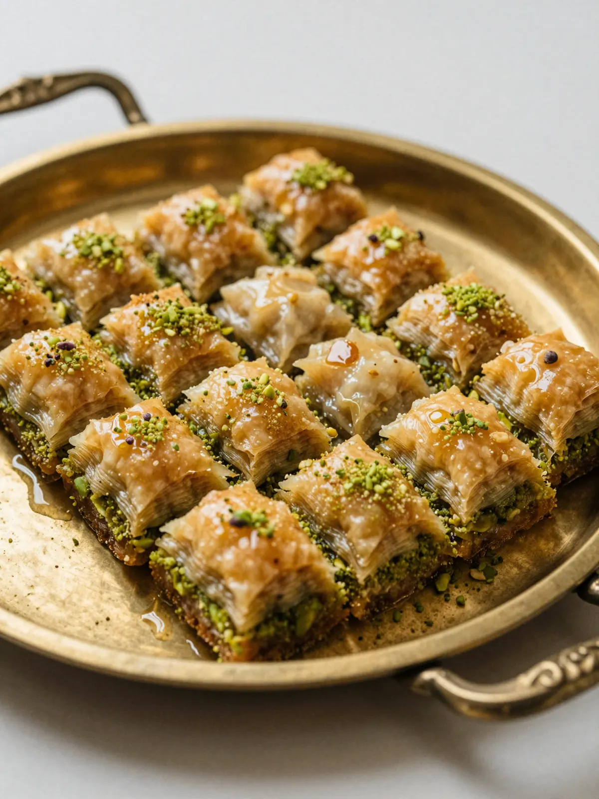 Pistachio baklava and kunafa on a brass tray